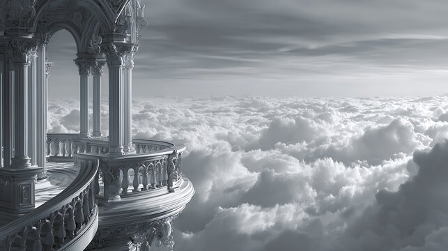 Ethereal balcony overlooking a vast sea of clouds in a fantasy sky.