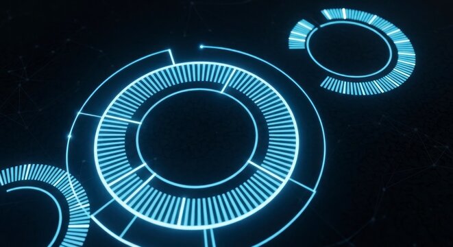 Interface num&eacute;rique abstraite et futuriste avec des &eacute;l&eacute;ments circulaires bleus lumineux