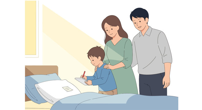 Family visits sick child in hospital, drawing and showing support