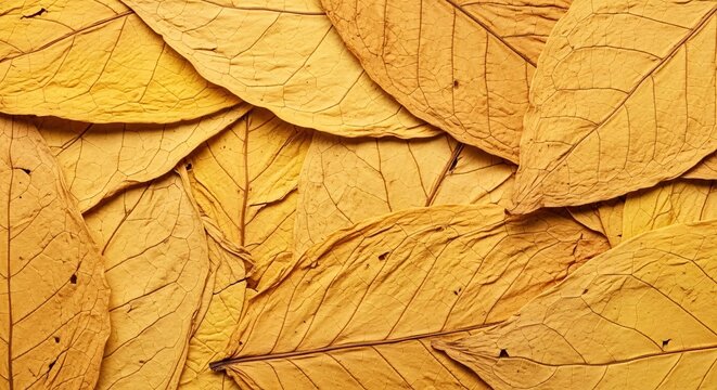 Close up of golden dried leaves creating a textured background pattern