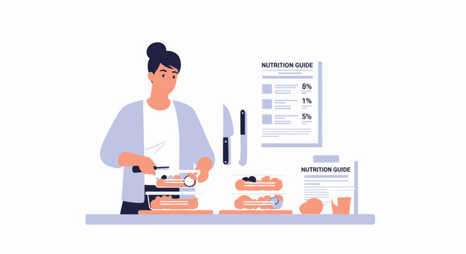 Woman preparing healthy food with nutrition guide, cutting vegetables for meal prep