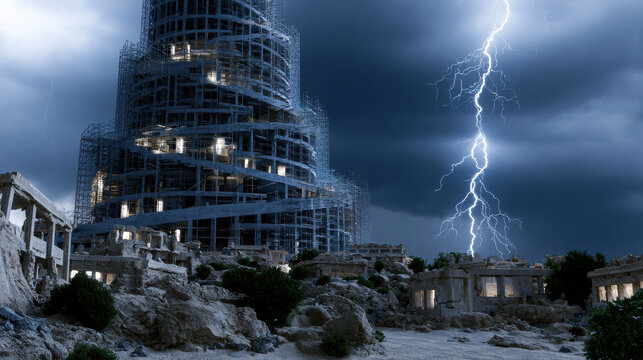 Ancient tower ruin storm lightning night dramatic ominous landscape fantasy abandoned architecture Ancient tower ruin storm lightning night, dramatic ominous landscape fantasy scene with towering