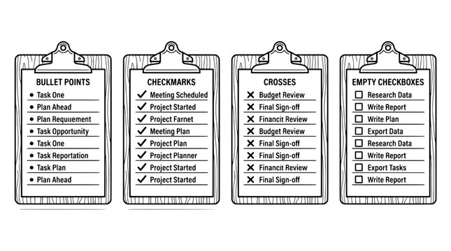 Clipboards with bullet points, checkmarks, crosses, and empty checkboxes for task management featuring clipboard, checklist, planning with