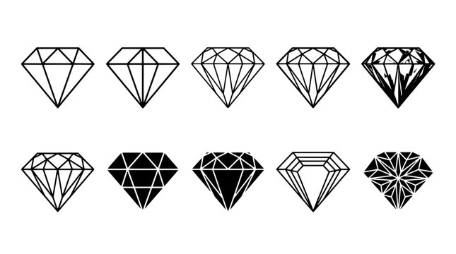 Diamond outline icon set with geometric facets, black and white linework, and angular shapes for UI, badges, and logos