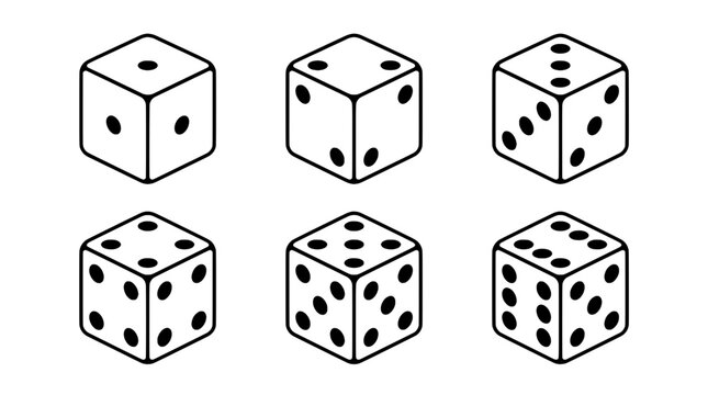 Dice icon set with simple line art faces and dotted pips, showing six dice views for games and board entertainment