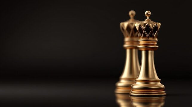 Elegant Golden Chess Pieces Brightly Shining Against Dark Background, Symbolizing Strategy, Competition and Intelligence in Board Games and Mind Sports