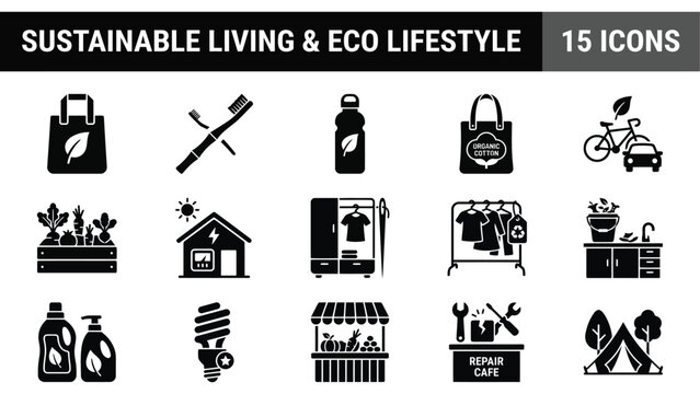 Sustainable living and eco lifestyle icons, set of 15 black vector symbols for green environment and zero waste habits