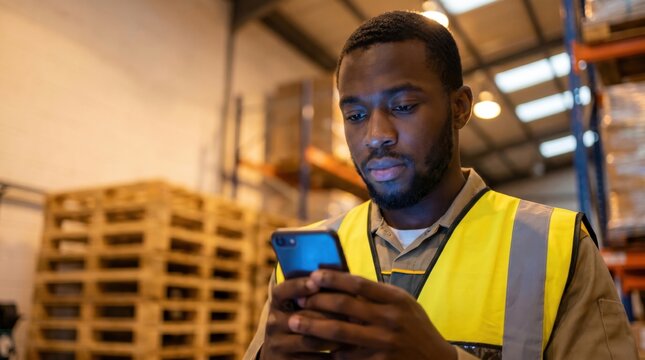 African American male warehouse worker using smartphone in industrial setting.