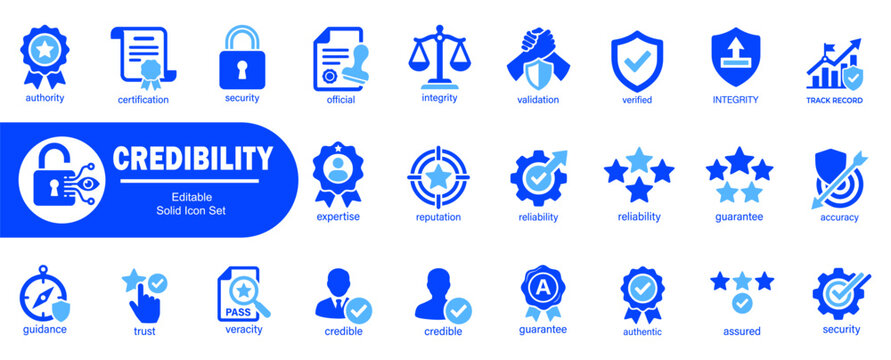 Trust and business reliability icons set with solid blue graphics for security official certification verified expertise and brand safety.