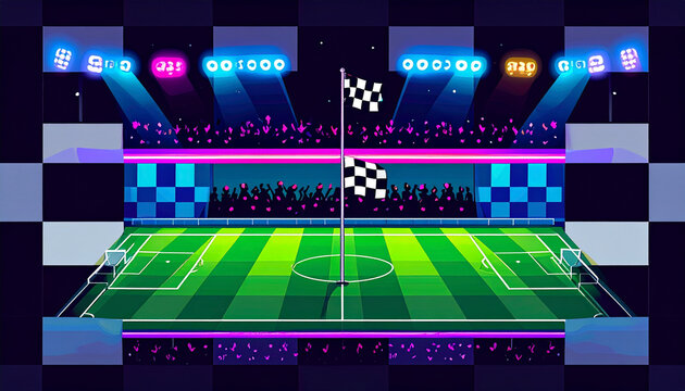 Vibrant neon stadium field featuring a central checkered flag under bright glowing stadium floodlight illumination