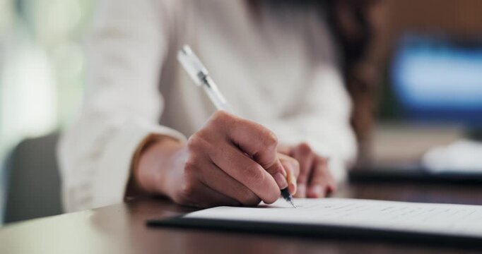 Writing, paperwork and hands of business woman with notes for planning, reminder or finance report. Corporate, office and person with pen, documents and agenda for financial review, summary or idea