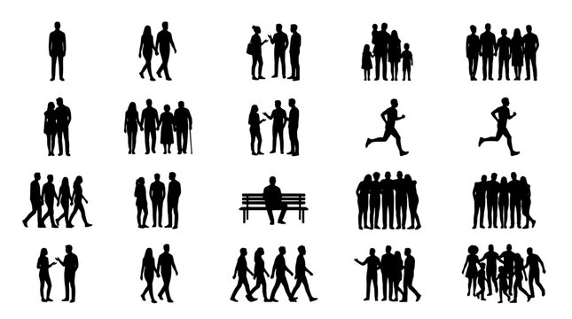People silhouettes set with various group and individual poses featuring walking, running, sitting with standing and social elements for crowd,