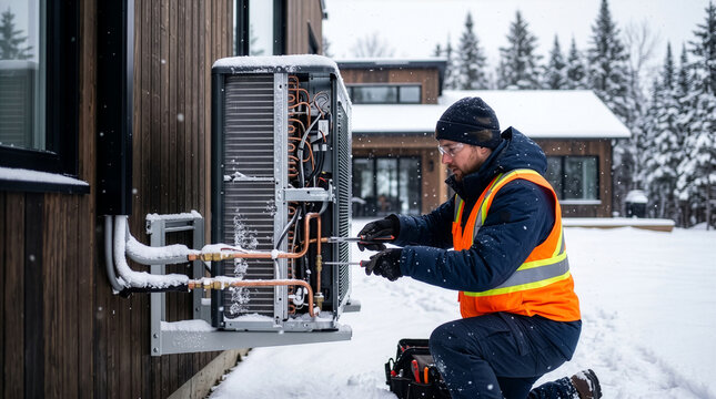 Technical Specialist Inspecting Climate Control System Outside Residential Structure in Winter Weather