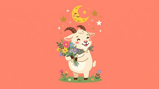 Cute cartoon goat for Eid al adha holding a bouquet of colorful flowers under a smiling crescent moon and stars