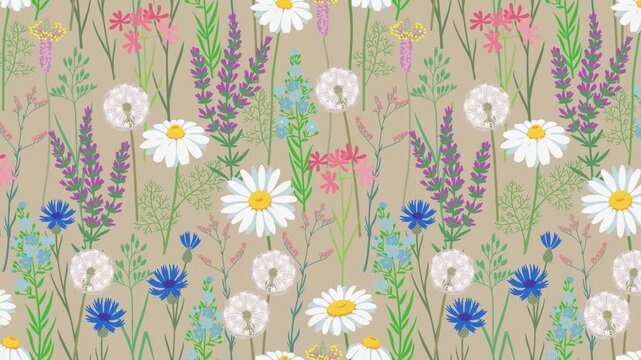 Animation of wild meadow flower pattern with poppies daisies dandelions and herbs. Slow motion looped animation background