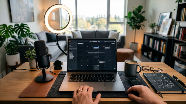 Modern Home Workspace Setup with Desktop Equipment and Notebook Tools