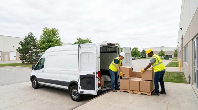 Delivery workers unloading cardboard boxes from a white van at a warehouse loading dock.