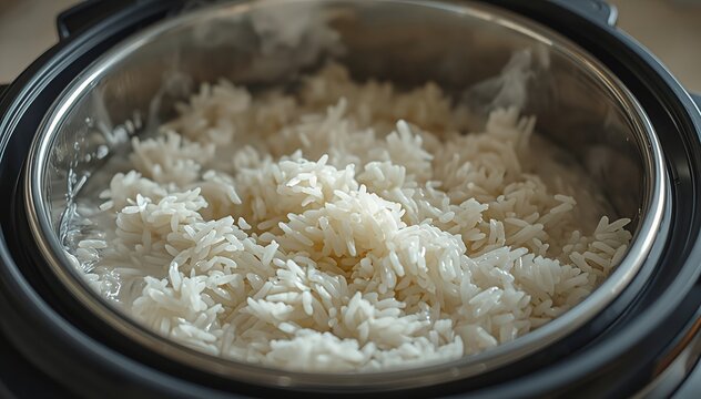 Open electric rice cooker with failed watery overcooked rice