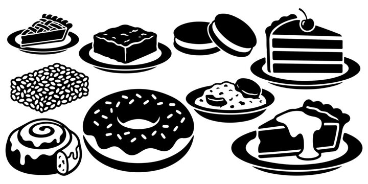 American diner dessert and baked goods black silhouette icon set with apple pie, brownie, whoopie pie, layer cake, rice crispy, cinnamon roll, donut, cookies and cheesecake in retro vintage style