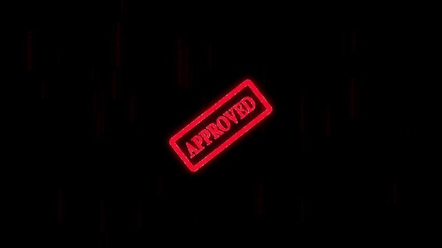 Red approved stamp imprint with computer binary code. Cyber security stamp symbol for verified network access clearance. Digital approved stamp animation for safety.