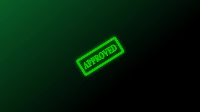 Green neon approved stamp on dark background layout. Verified status stamp symbol for certified business transaction confirmation. Digital approved stamp for safety.