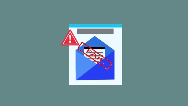 Email notification layout with warning sign icon. Cybersecurity warning symbol for spam message validation rejection. Digital document animation for email security threat.