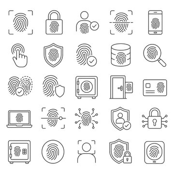 Fingerprint security icons collection for biometric identification and data protection.