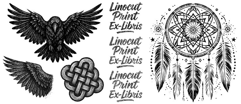 Raven, jackdaw, dreamcatcher, Celtic, feathers, tattoo, print, linocut stamp, ex libris, ink
