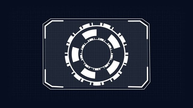 White futuristic HUD interface with mechanical circular gauge. Technology dashboard symbol for machinery pressure setting control. Digital HUD animation for sci-fi cockpit.