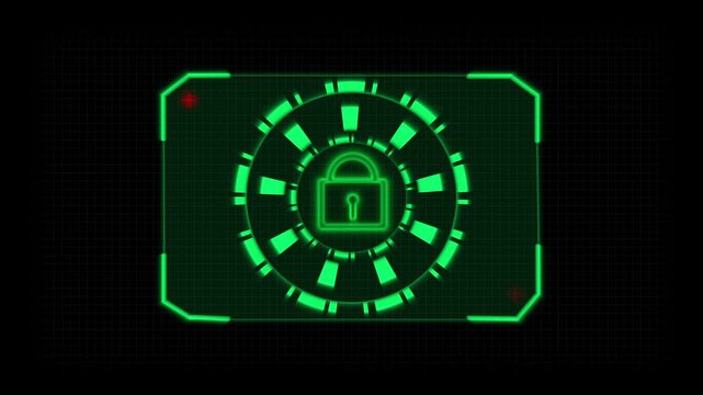 Green futuristic HUD interface panel with secure lock icon. Cybersecurity panel symbol for encrypted user access authentication. Digital HUD animation for computer safety.