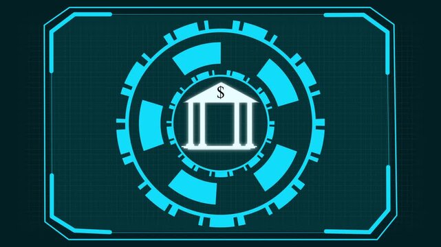 Cyan futuristic HUD interface panel with bank icon. Financial technology panel symbol for automated online investment banking data. Digital HUD animation for corporate trade.