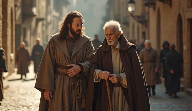 Medieval humble priest in worn robes interacting with an elderly beggar in a crowded medieval European cobblestone village street, documentary realism, generative ai