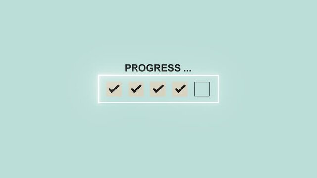 Glowing progress bar with four dark checkmarks and one empty box on a light blue background checklist