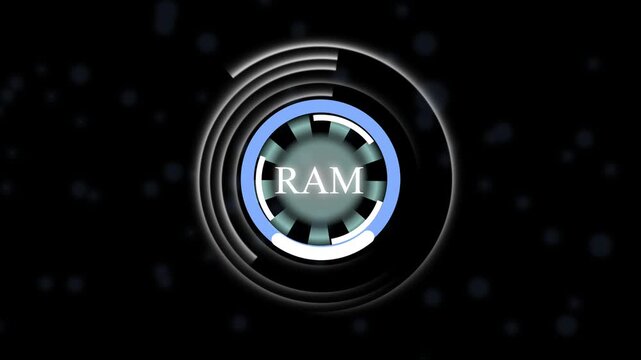 RAM technology interface panel with blue circular HUD gauge. Random access memory panel symbol for computer hardware diagnostic data. Digital RAM animation for device tech.