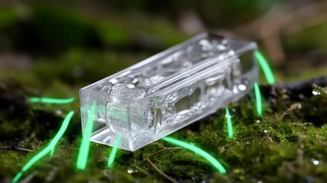 Futuristic technology integrating with nature as glowing green energy lines grow around it