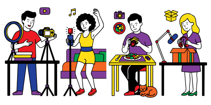 Social media content creator cartoon character scene set with dancer, food blogger, unboxing influencer and ring light in pop art colorful style