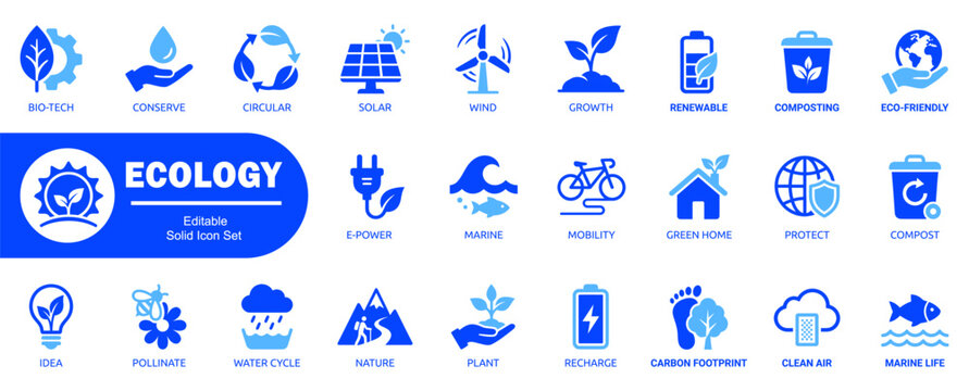 Ecology vector solid icon set. editable bio tech, nature, eco, green, environment, organic, sustainable, recycle, renewable, solar, wind, plant, leaf friendly concept.