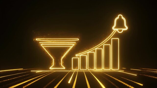 A glowing golden funnel transforms into a rising bar chart ending with a bell icon, symbolizing data processing, growth, and success notification.