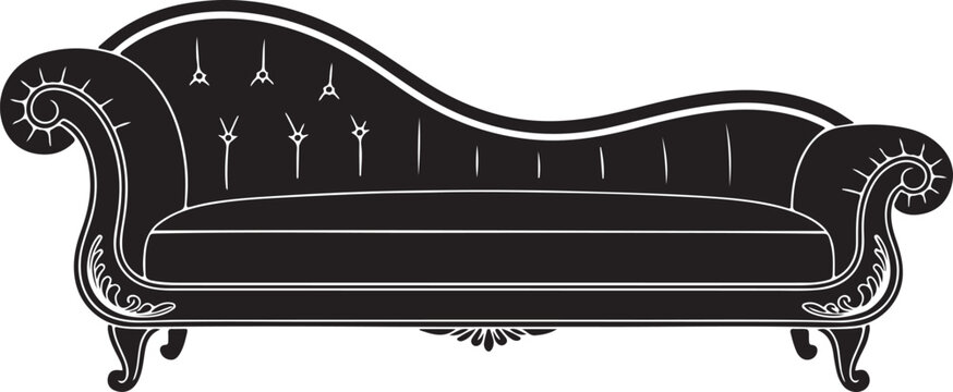 Elegant black chaise lounge sofa with ornate details on a textured. silhouette vector illustration