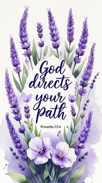 Watercolor illustration of lavender flowers and pansies with the inspirational quote "God directs your path" and biblical reference Proverbs 3:5-6