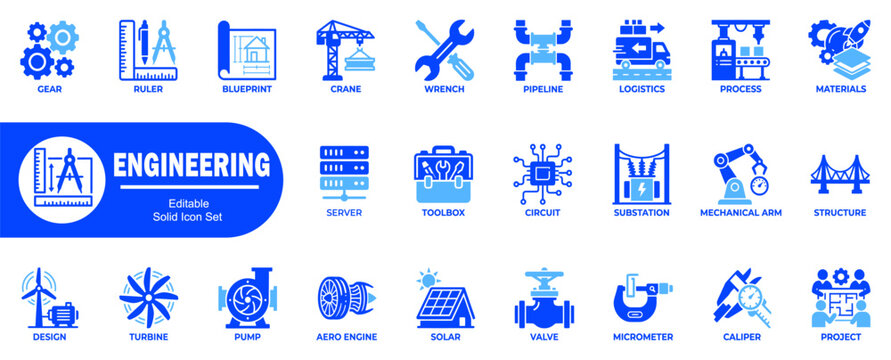 Engineering vector solid icon set. editable  gear, ruler, blueprint, crane, wrench, pipeline, logistics, process, materials, server, and more. 