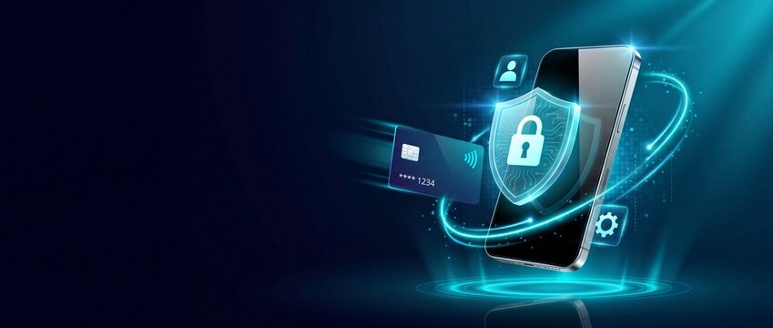 Mobile phone with credit card and shield icon for secure online payment and protection
