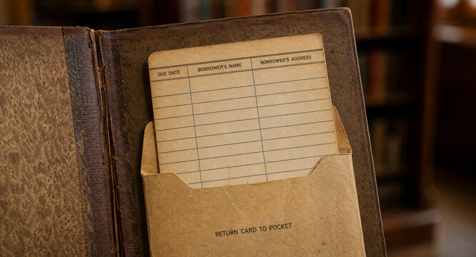 Vintage Old Library Book Card Inside Worn Paper Pocket &mdash; Close Up Retro Education Concept