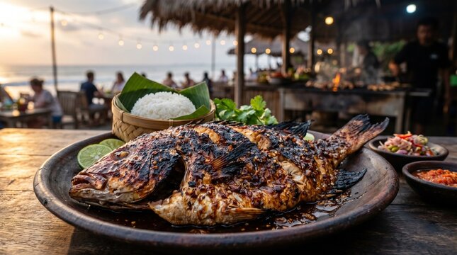 Commercial lifestyle food photography of authentic Jimbaran style Ikan Bakar (grilled fish) coated in dark sweet soy glaze, set against a blurred beach sunset background.
