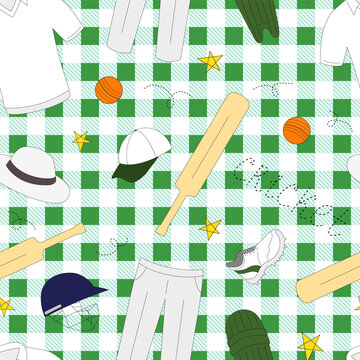 Seamless pattern with cricket equipment. Cricket bats and balls background