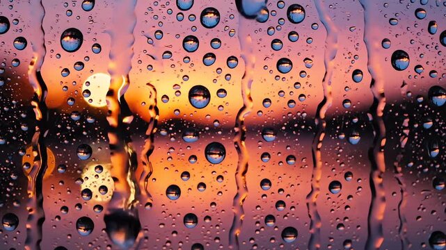 Macro raindrops on window during intense golden hour sunset
