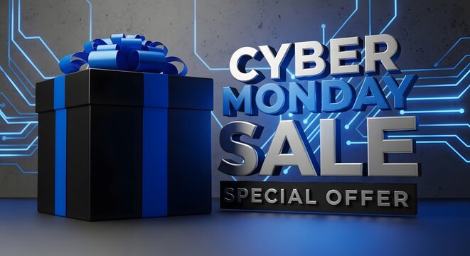 Cyber monday sale special offer with gift box and technology background