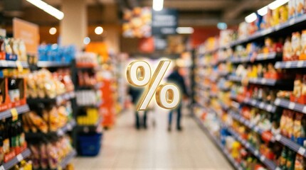 Obraz premium Gold percentage symbol floating in supermarket aisle. E-commerce discount and retail sale concept. Marketing promotion banner with blurred grocery shelves for shopping advertisement.
