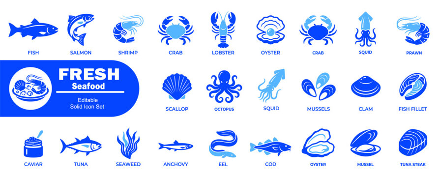 Fresh seafood editable solid icon set: fish, salmon, shrimp, crab, lobster, oyster, squid, prawn, scallop, octopus, mussels.
