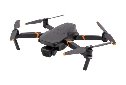 Modern drone with camera black and orange on transparent background